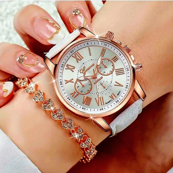 NEW! Rose Gold Plated Geneva Three Dial Dual Layered Watch & Bracelet Set~2 pcs - Picture 3 of 6